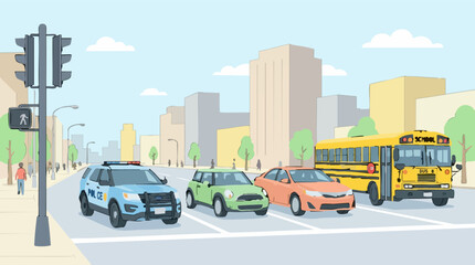 Naklejka premium City Street with Traffic, Police Car, School Bus, and Pedestrians
