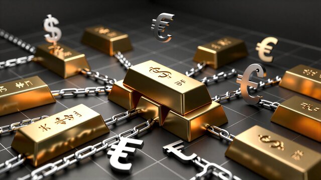 Gold bars linked by chains with currency symbols, symbolizing global financial interconnectedness.