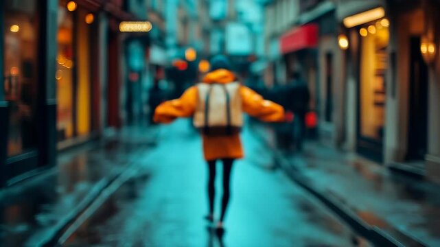 Back view of food delivery courier with thermal backpack walking down rainy city street, gig economy worker delivering order, urban logistics and modern customer service video.