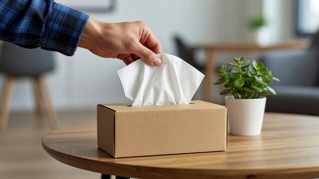 Hand pulling paper tissue from box on table, health hygiene and allergy relief