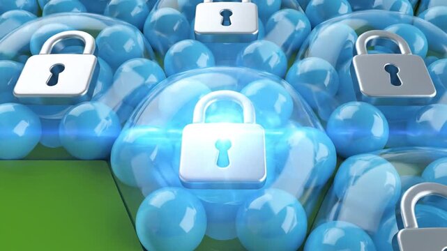 Padlocks in glass bubbles over blue spheres on green background