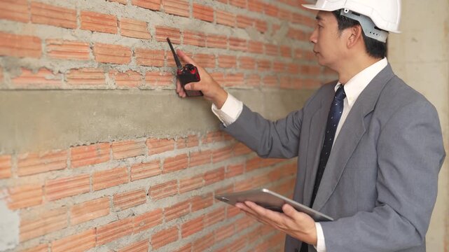 Construction manager using tablet to inspect unfinished brick wall, building assessment, civil engineering, site inspection, quality control, construction management.