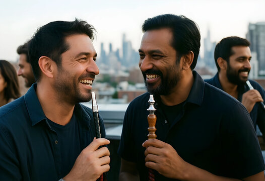 Social connection and friendship, diverse men laughing and smoking hookah on a rooftop terrace with city skyline background during a summer evening