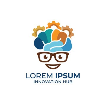 This fun and engaging logo features a smiling brain surrounded by colorful gears, symbolizing innovation, creativity, and the fusion of intelligence and fun.