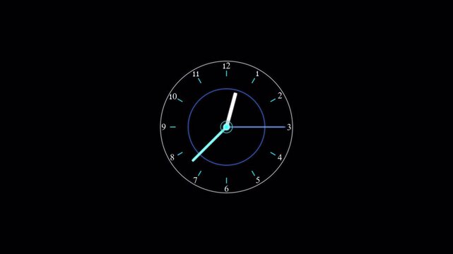 Minimalist digital clock face with sweeping hands on a alpha chanel for time management motion graphics 4K animation