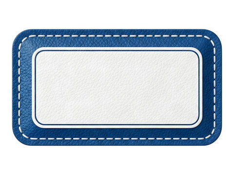 A rectangular denim fabric label with stitched borders and a blank center