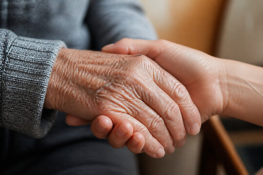 An elderly person's hand is being held by another person's hand in an indoor setting.