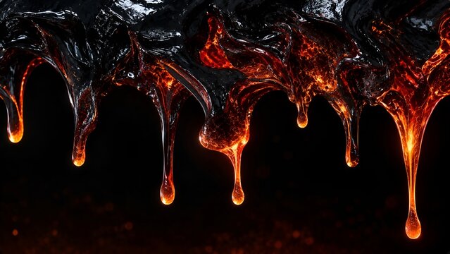 Glossy melting black obsidian stone merging with glowing orange molten magma, thick slow-dripping viscous texture, atmospheric glow, dark mood, abstract cinematic 3D render, luxury concept background.