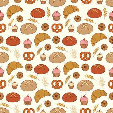 Colorful baked goods and pastries repeating pattern design with wheat elements