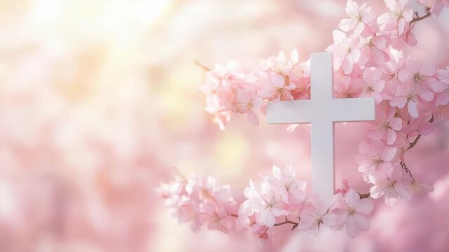White cross surrounded by pink cherry blossoms in spring. Ethereal lighting on a religious symbol. Copy space for text