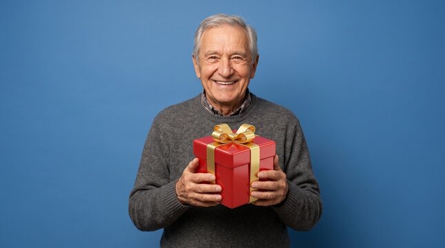 Happy Senior Man Holding Red Gift Box with Gold Ribbon Smiling on Blue Background Holiday Celebration Concept