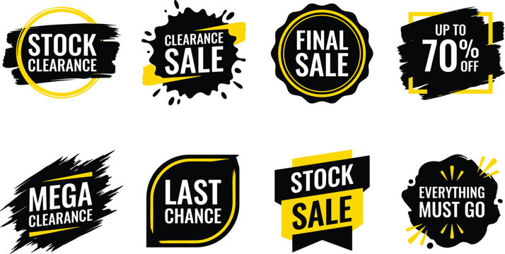 Collection of eight promotional sale badges and clearance labels with yellow and black brush stroke textures