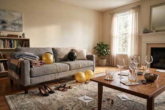 A living room shows signs of a recent party. There are empty glasses and decorations scattered around. Shoes are on the floor. Balloons decorate the sofa. Time appears to be early day