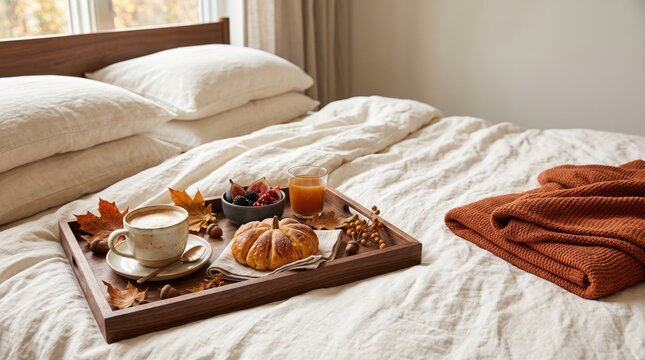 Cozy autumn breakfast tray with coffee and fruit on a bed, thanksgiving concept