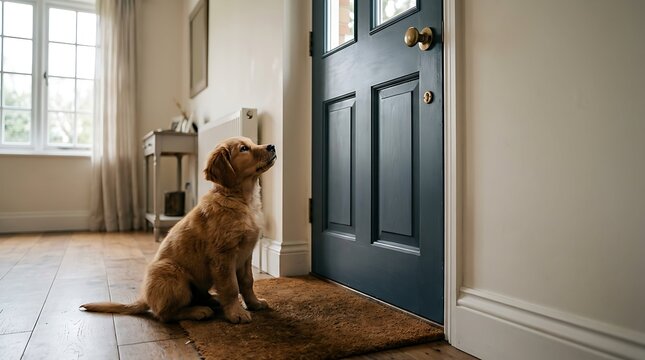 Golden retriever puppy sits patiently on a brown rug while waiting by the dark blue front door inside residential house