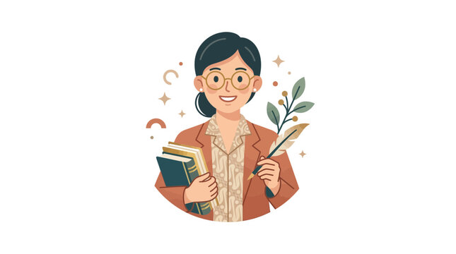 Woman educator with books and plant branch illustration.