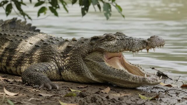 Crocodile Resting On Muddy Riverbank And Opening Its Jaws
