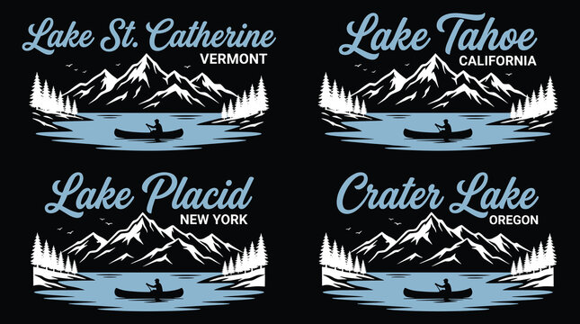Set of four vintage style lake landscape badges with canoes mountains and forest silhouettes