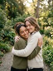 Fototapeta premium Two Close Female Friends Embracing Each Other in Outdoor Park Nature Environment