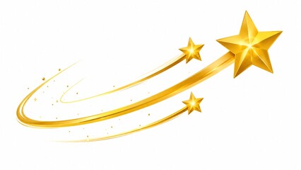 Three 3D golden stars soar along dynamic curved orbital swoosh trails, symbolizing business momentum, innovative vision, excellence, and commercial success © kebo city 