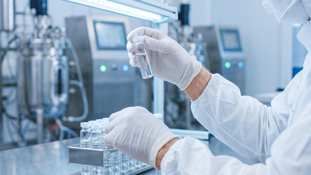Pharmaceutical laboratory research and medical science development. Scientist in gloves examining glass vial with liquid sample in modern lab for vaccine, drug testing and chemistry analysis