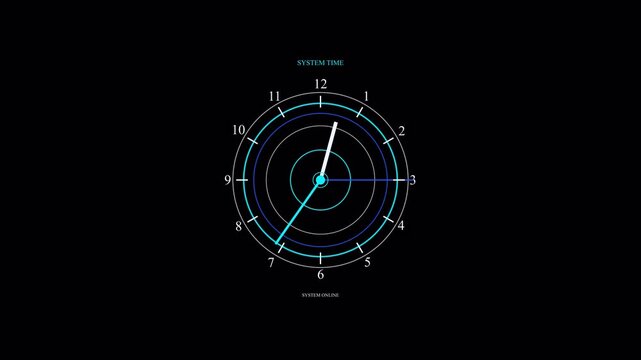 Futuristic digital clock interface with sleek HUD elements and scanning motion graphics on alpha chanel 4K animation