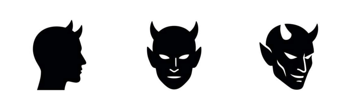Devil Horned Head Silhouette Icons Set. Evil Demon Face Vector Illustration.