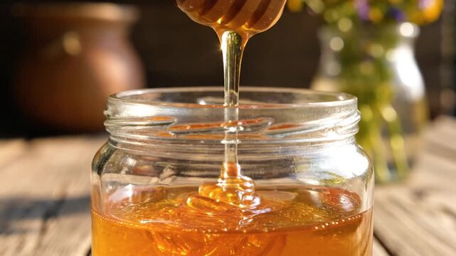 Golden Honey Drizzling from Wooden Dipper into Glass Jar