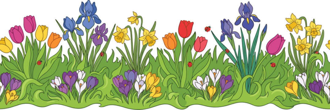 Colorful spring flowers vector illustration with tulips, irises, and daffodils for seasonal design