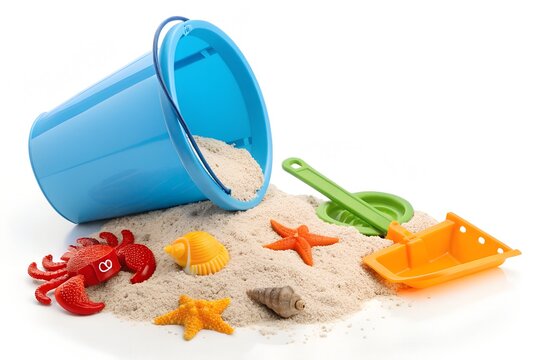 Blue beach bucket filled with sand and summer toys sand pail plastic bucket