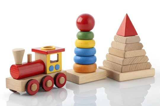Collection of colorful wooden toys including train and stacking pyramid