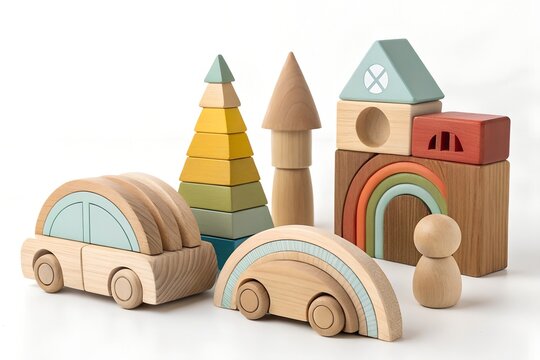 Set of colorful wooden toys including rainbow cars trees and building blocks