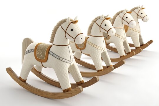 Row of white wooden rocking horses with brown leather saddles and wooden rockers