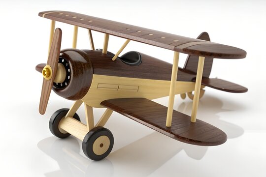 Vintage wooden biplane toy model with rotating propeller and wheels
