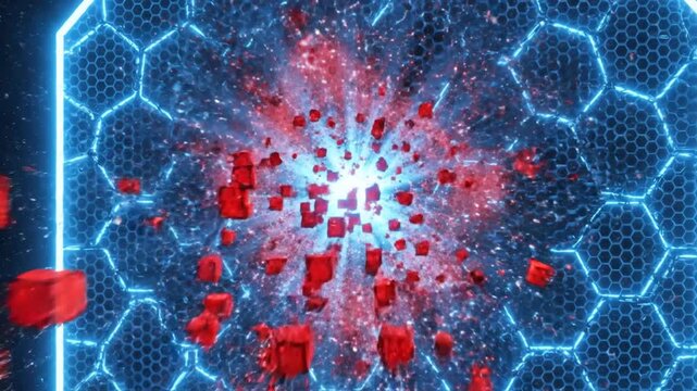 Red cubes flying into blue hexagonal energy shield in space