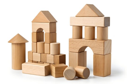 Building structures made from wooden blocks on a white surface with toy blocks