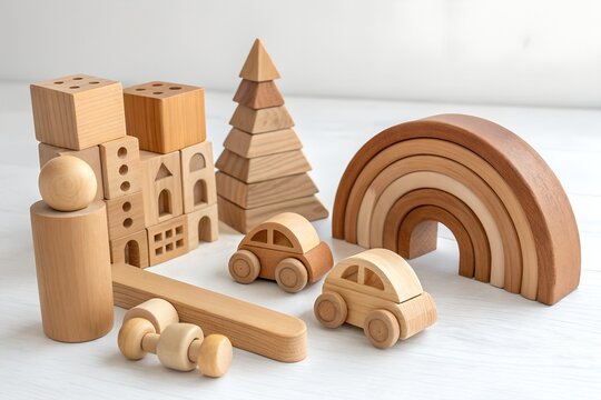 Collection of wooden toys including rainbow arch and cars with montessori toys