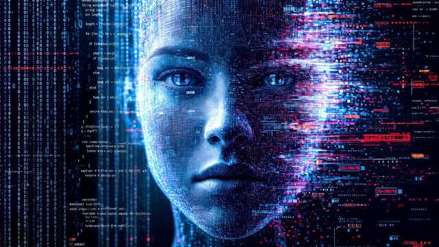 Artificial intelligence face with glowing binary code and digital data. Close-up shot of humanoid android head.