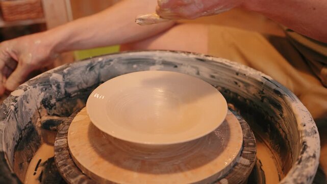 Handmade ceramic pasta plate on pottery wheel