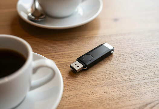 Data security and digital storage, black usb flash drive on a wooden table with coffee cups for remote work and freelance business communication concepts