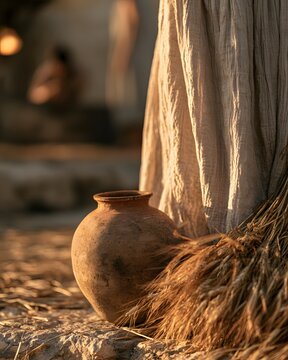 Clay jar and wheat sheaves near a draped fabric in a rustic setting