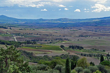 Obraz premium Pienza, the countryside and hills of the Val d'Orcia from the city walls, Val d'Orcia, Tuscany, Italy