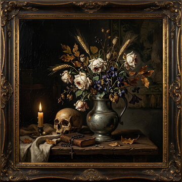 Vanitas Still Life Skull Flowers Book Candle Wheat Ears in Dark Vintage Style