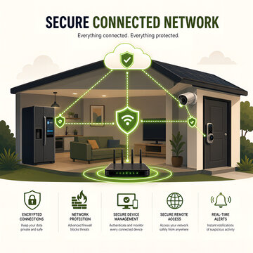 Modern smart home network security with encrypted connections with real time alerts enhanced safety remote access connections device management