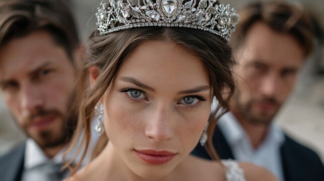 Close up portrait of a bride wearing a silver crown with two men in suits in the background. Dramatic wedding concept with intense gaze