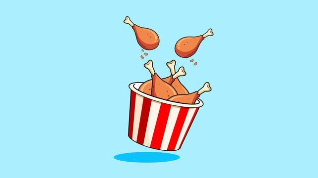 Animation of Bucket Chicken Cartoon on Blue Background