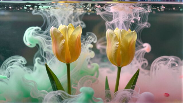 Yellow tulips bloom underwater, surrounded by swirling green and pink ink.
