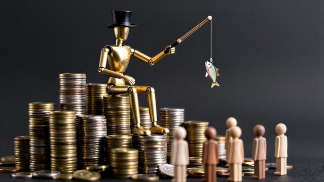 Golden figure fishes for money, others watch from stacks of coins.
