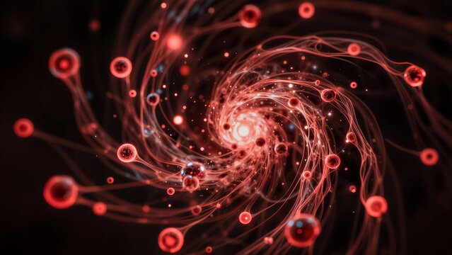 Red glowing orbs swirl in cosmic dance, radiant energy pulses through dark void.