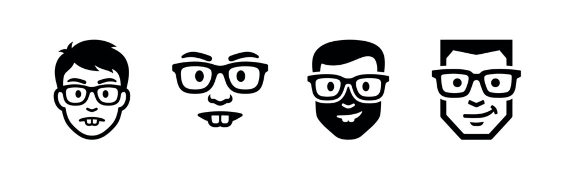 Nerd geek man faces with glasses and buck teeth icons set vector